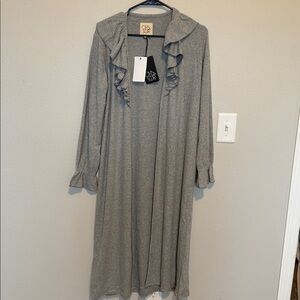 Chaser Ruffle Trim Belted Cardigan Ribbed Knit Longline Open Front NWT SZ SM